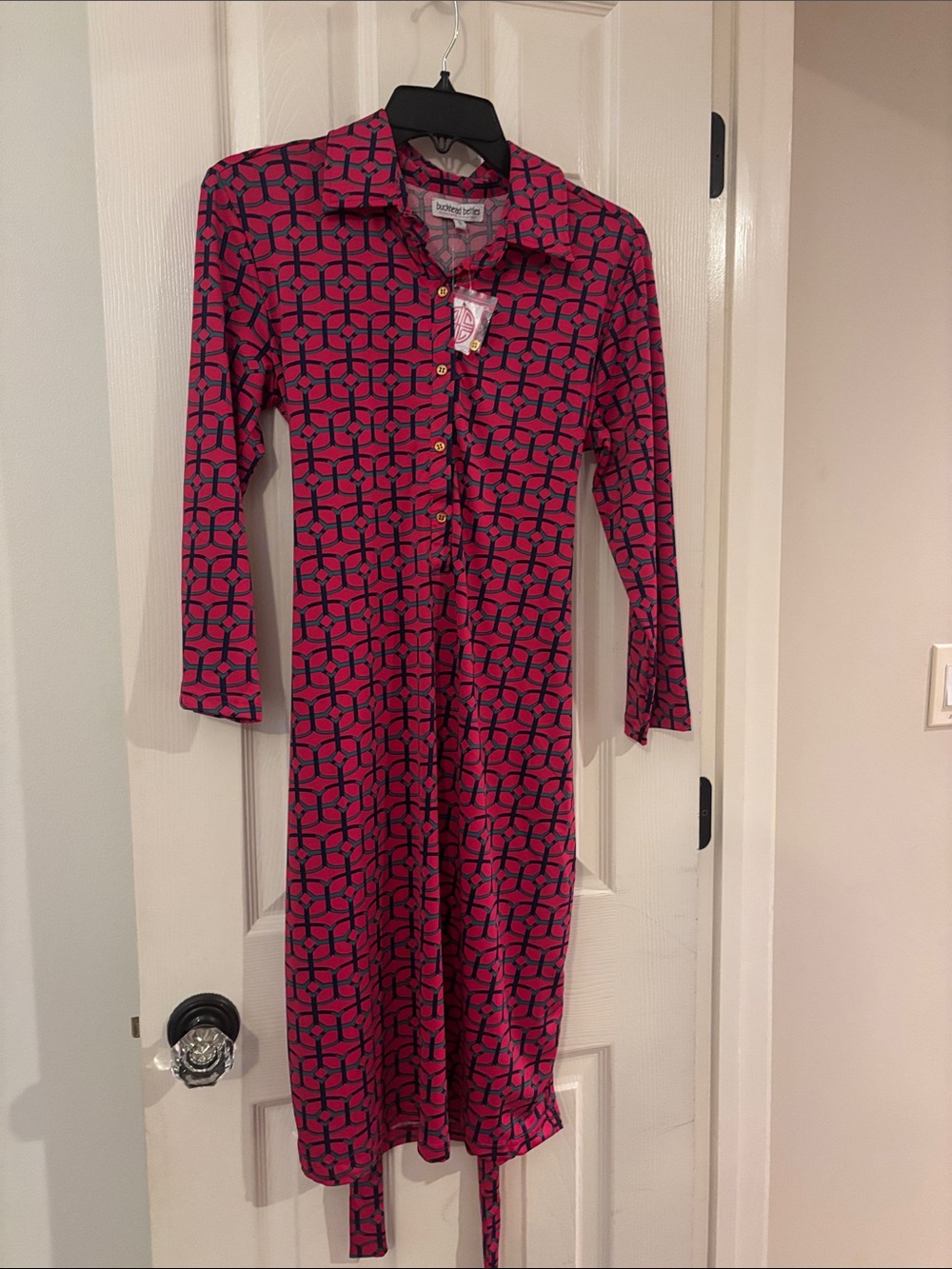 Geo-Print Long Sleeve Shirt Dress in Pink